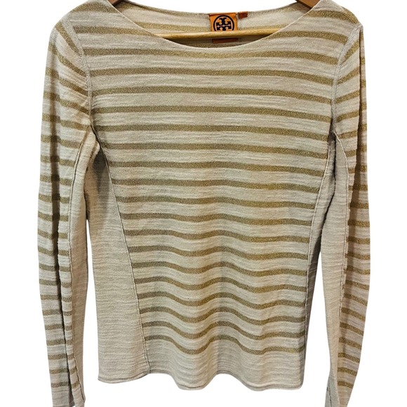 Tory Burch Sweaters - Tory Burch Womens Metallic Gold Striped Knit Boat Neck Top Oatmeal Small